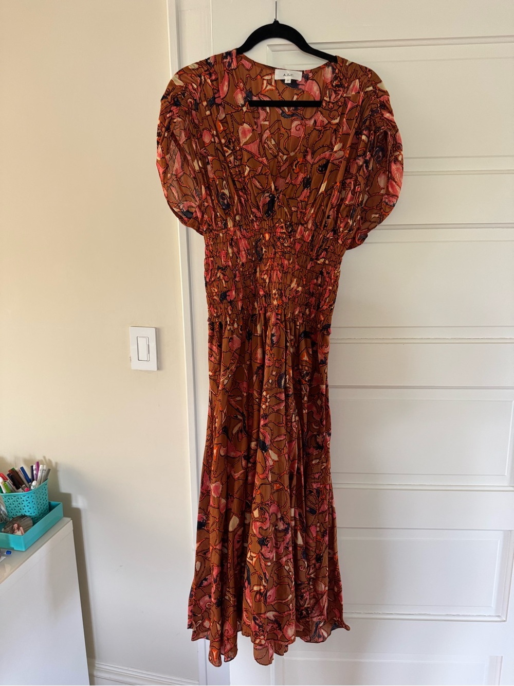 A.L.C. Rust Floral Midi Dress with Puff Sleeves